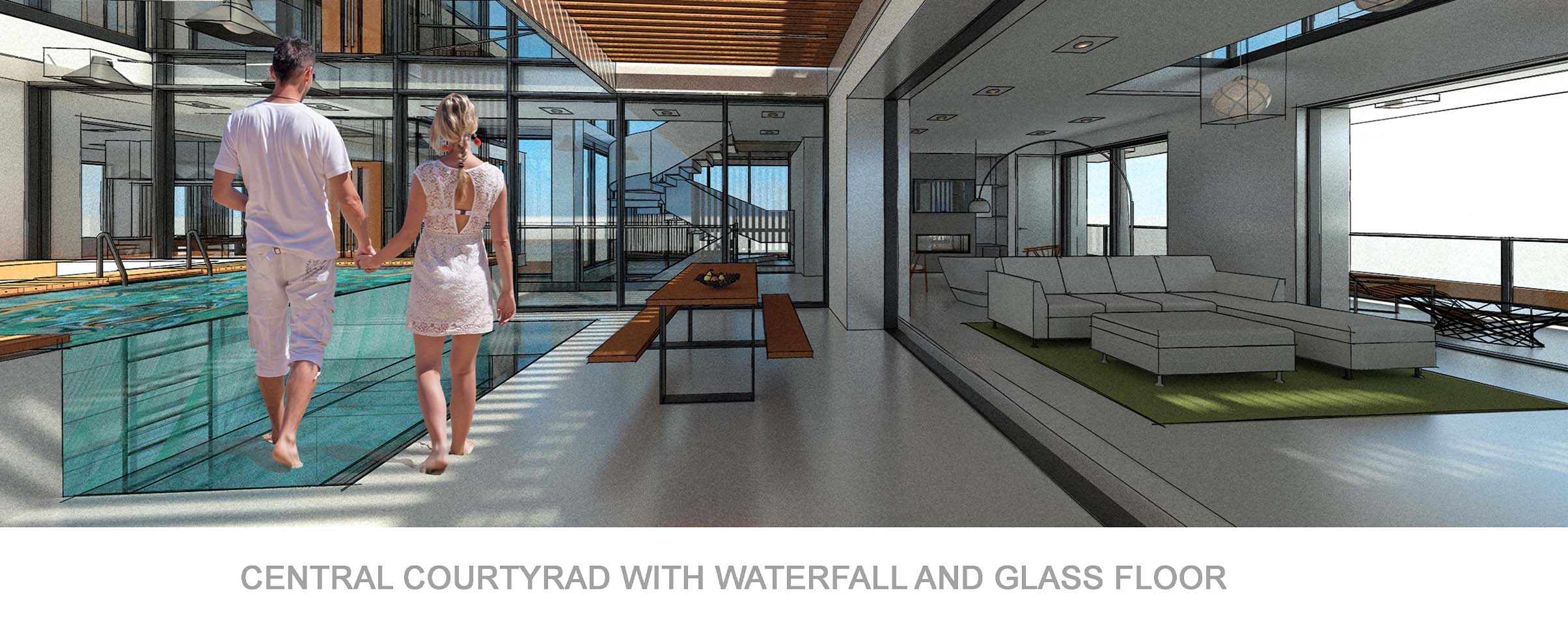 Tripartition — central courtyard with waterfall and glass floor